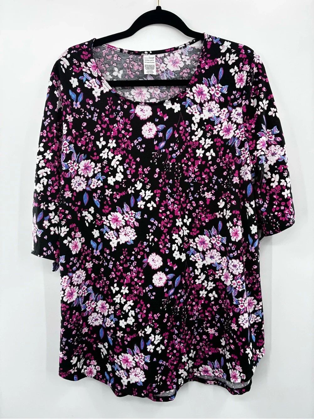 Westloop Floral Scoop Neck Women’s Top - Black with Pink/Purple Flowers size XL